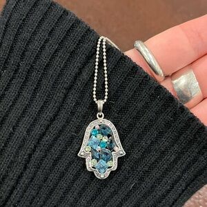 Silver Hand/Hamsa Pendant Necklace with Blue Gems